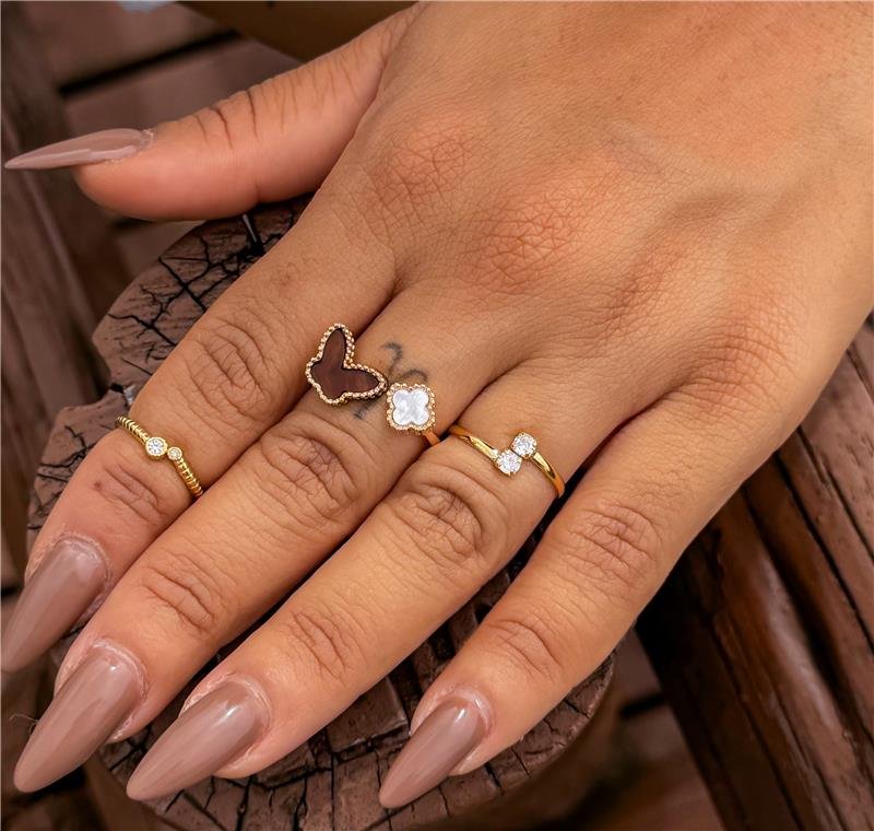 ANEL REGULÁVEL DOIS PONTO DE LUZ BANHO OURO 18K 