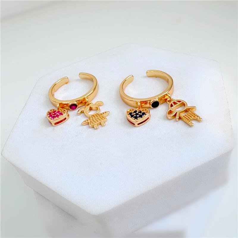 ANEL REGULÁVEL FILHO COM CORAÇÃO CRAVJEJADO AZUL BANHO OURO 18K 