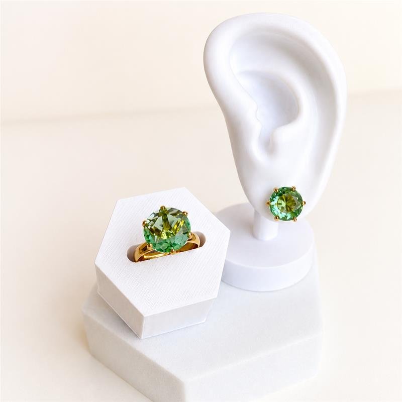 ANEL REGULÁVEL SOLITÁRIO ZIRCÔNIA VERDE MAXI 12MM BANHO OURO 18K