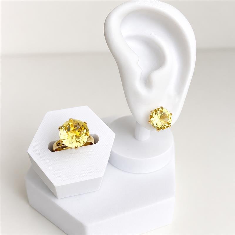 ANEL REGULÁVEL SOLITÁRIO ZIRCÔNIA AMARELO 12MM MAXI BANHO OURO 18K
