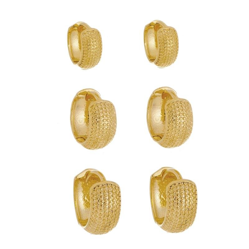 TRIO DE BRINCO ARGOLINHA DETALHES BANHO OURO 18K
