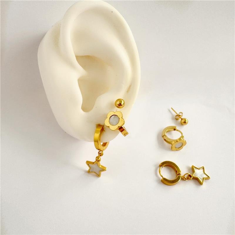 BRINCO TRIO BOLINHA E ARGOLINHAS FLOR E ESTRELA EM AÇO INOXIDÁVEL BANHO OURO 18K 