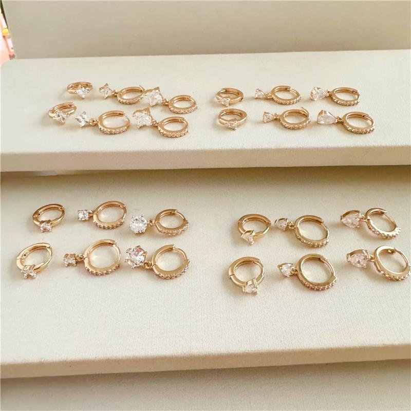 BRINCO TRIO ARGOLINHA CRAVEJADA COM PINGENTE GOTA BANHO OURO 18K 