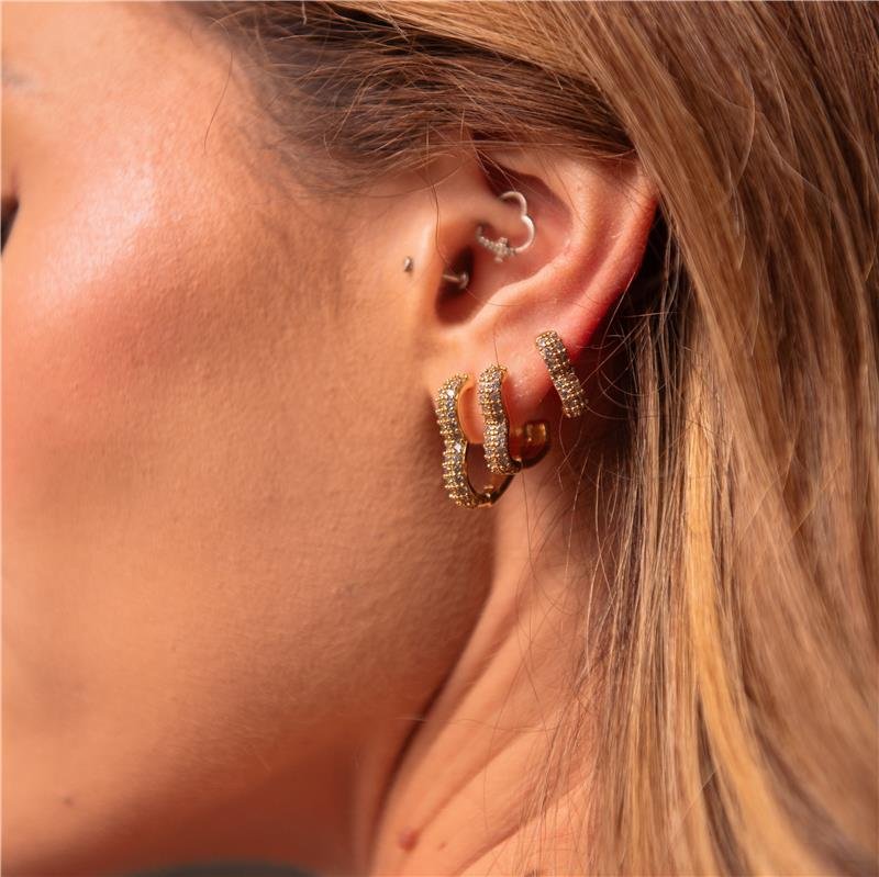 BRINCO TRIO ARGOLINHA CORAÇÃO CRAVEJADA E BOLINHA BANHO OURO 18K 