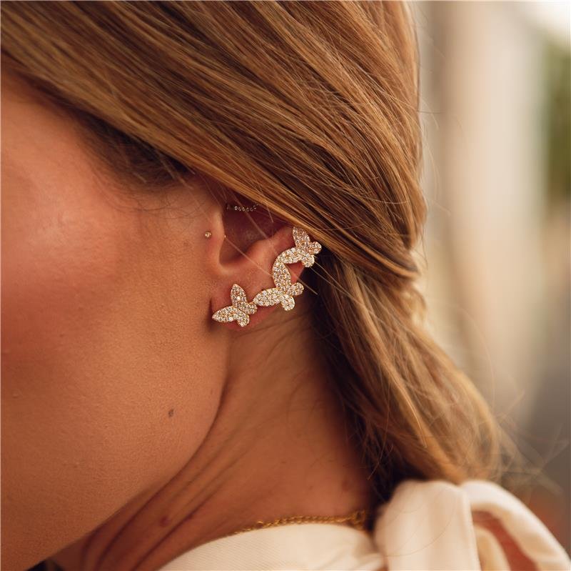 BRINCO EAR CUFF BORBOLETAS CRAVEJADAS BANHO OURO 18K