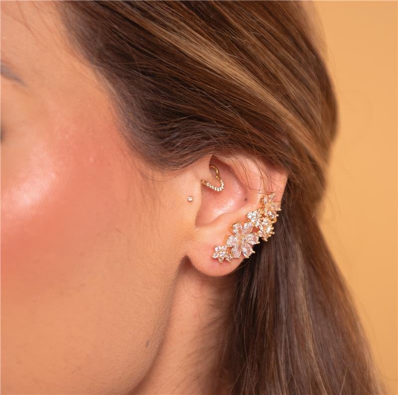 BRINCO EAR CUFF FLORES BANHO OURO 18K