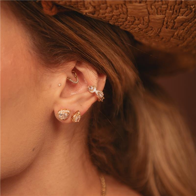 BRINCO TRIO GOTA CRAVEJADA E PIERCING FAKE GOTA BANHO OURO 18K