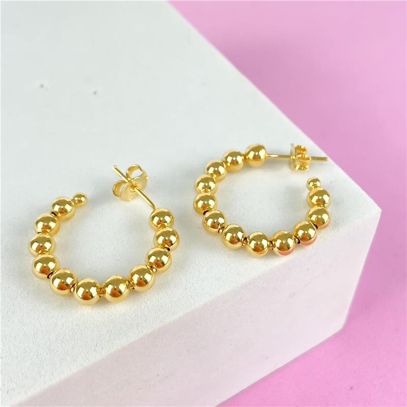 BRINCO MEIA ARGOLA PEQUENA BOLINHA BANHO OURO 18K 