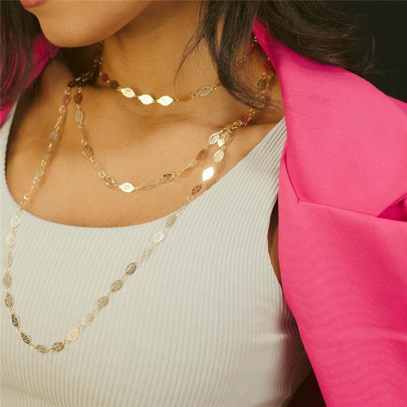 COLAR FOLHAS ESTAMPADAS 70CM BANHO OURO 18K