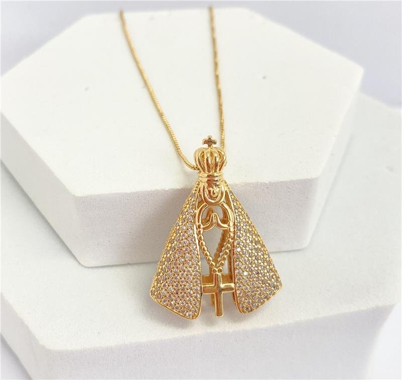  COLAR NOSSA SENHORA CRAVEJADA DUAS FACES BANHO OURO 18K