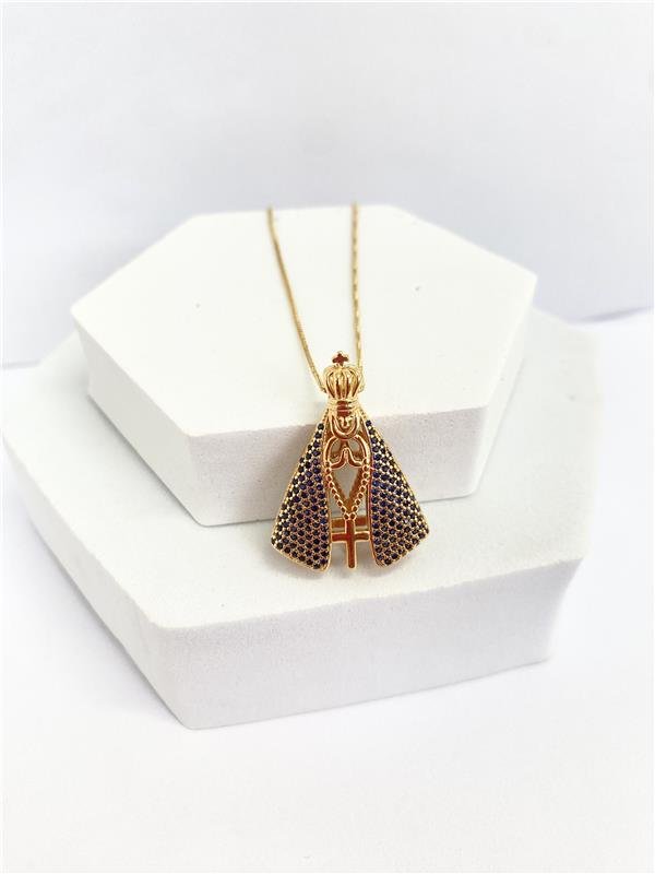  COLAR NOSSA SENHORA CRAVEJADA DUAS FACES BANHO OURO 18K