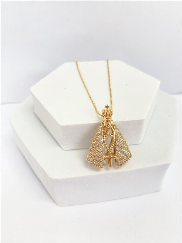  COLAR NOSSA SENHORA CRAVEJADA DUAS FACES BANHO OURO 18K