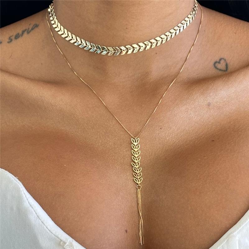 COLAR CHOKER FOLHAS DE OLIVEIRA BANHO OURO 18K