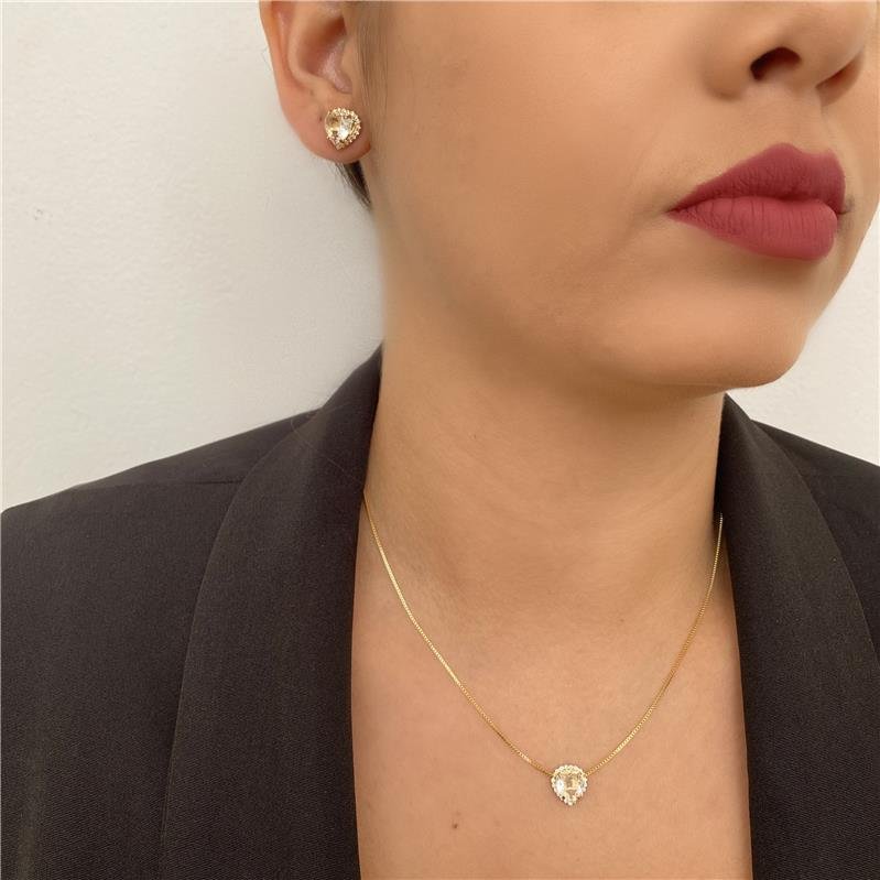 CONJUNTO COLAR E BRINCO CORAÇÃO CRISTAL BANHO OURO 18K