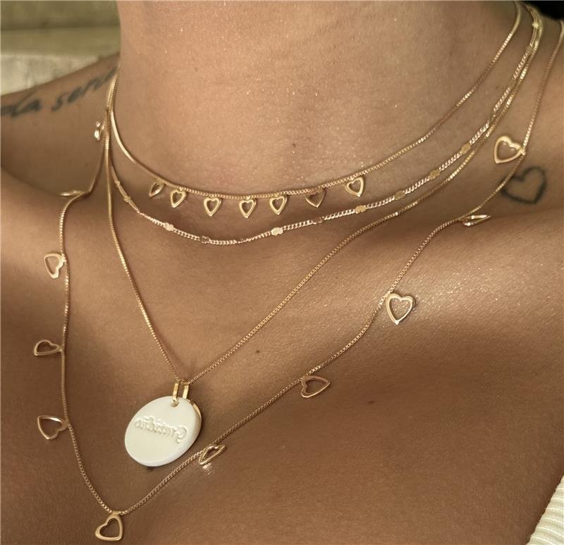 COLAR LONGO 60CM CORAÇÕES VAZADOS BANHO OURO 18K