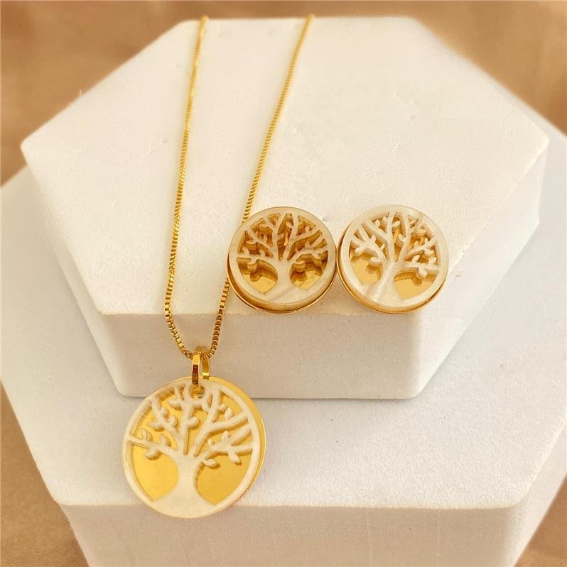 CONJUNTO ÁRVORE DA VIDA ESTILO MADRE PEROLA BANHO OURO 18K