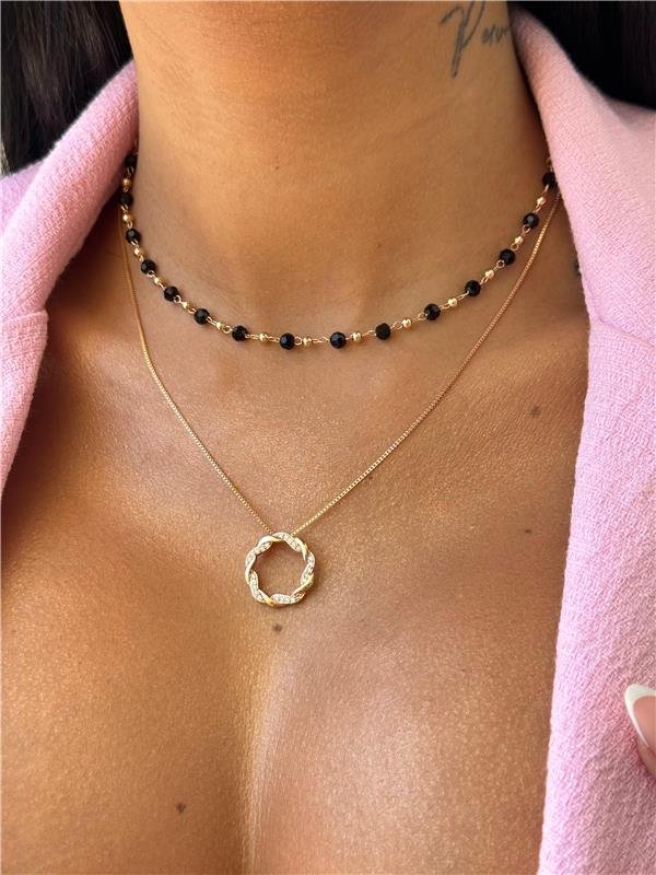 COLAR CHOKER BOLINHA ÔNIX BANHO OURO 18K