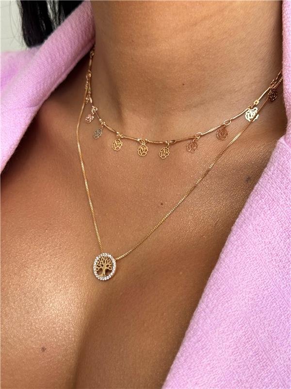 COLAR ÁRVORE DA VIDA CRAVEJADO BANHO OURO 18K