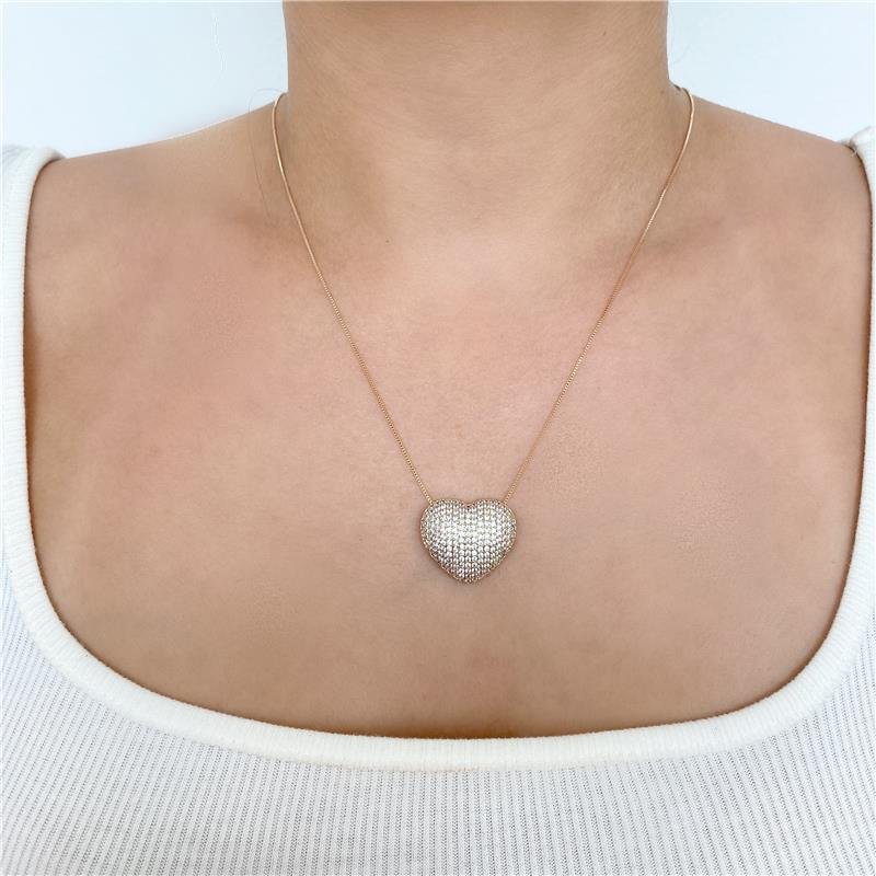 COLAR LUXO MAXI CORAÇÃO CRAVEJADO CRAVEJADA BANHO OURO 18K