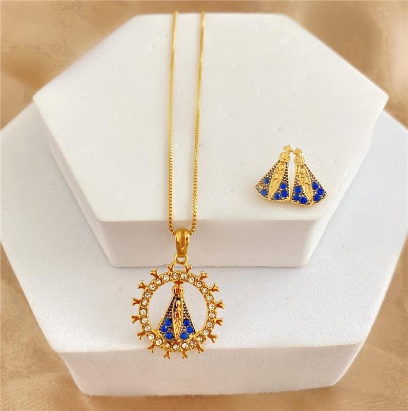CONJUNTO COLAR E BRINCO NOSSA SENHORA MODELO 3 BANHO OURO 18K