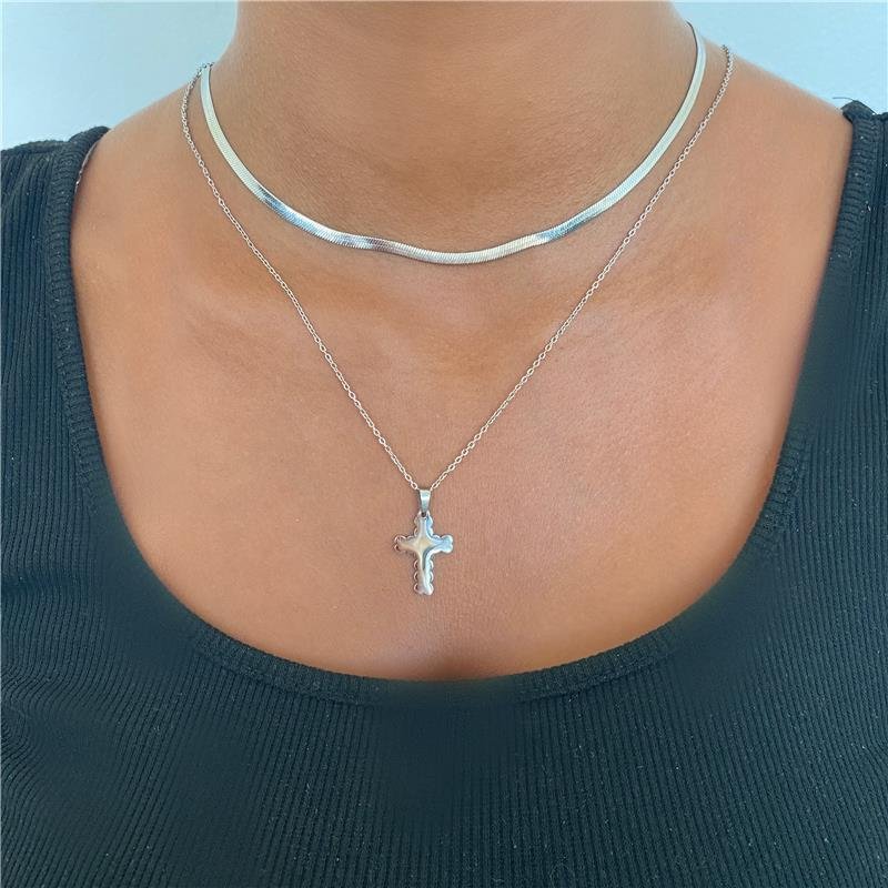  CONJUNTO DUPLO CRUCIFIXO EM AÇO INOXIDÁVEL