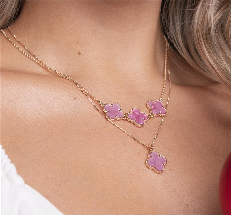 COLAR MINI ELOS PORTUGUESES COM 3 TREVOS ROSAS BANHO OURO 18K