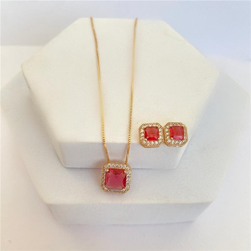 COLAR CONJUNTO FORMATURA PEDRA VERMELHO RUBI CRAVEJADA BANHO OURO 18K