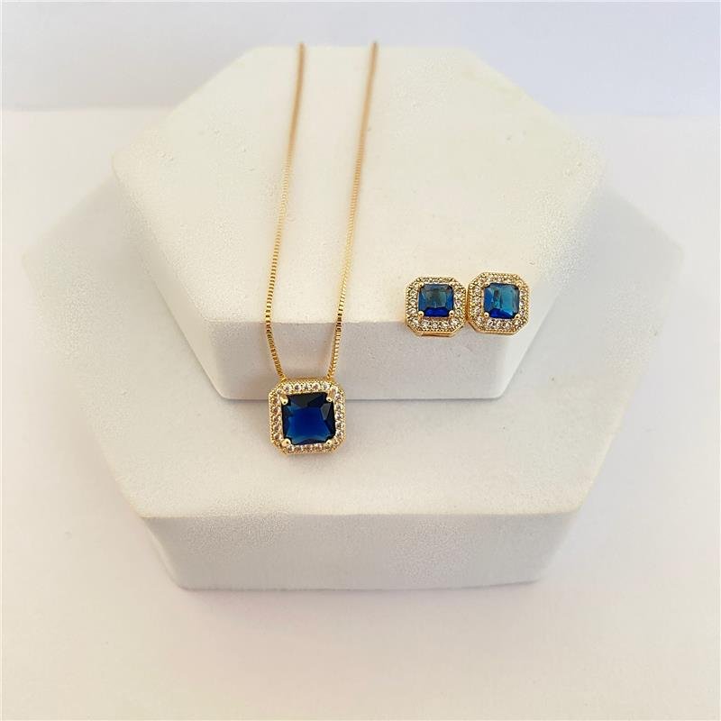 CONJUNTO FORMATURA PEDRA AZUL SAFIRA CRAVEJADA BANHO OURO 18K
