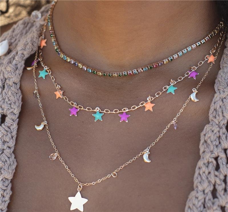 COLAR ESTRELAS COLORIDAS BANHO OURO 18K