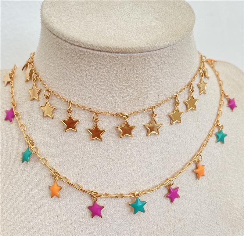 COLAR ESTRELAS COLORIDAS BANHO OURO 18K