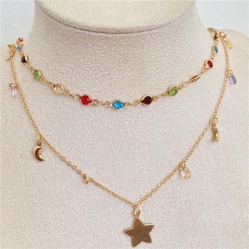 COLAR ESTRELA COM PINGENTE LUA E GOTA COLORIDA BANHO OURO 18K