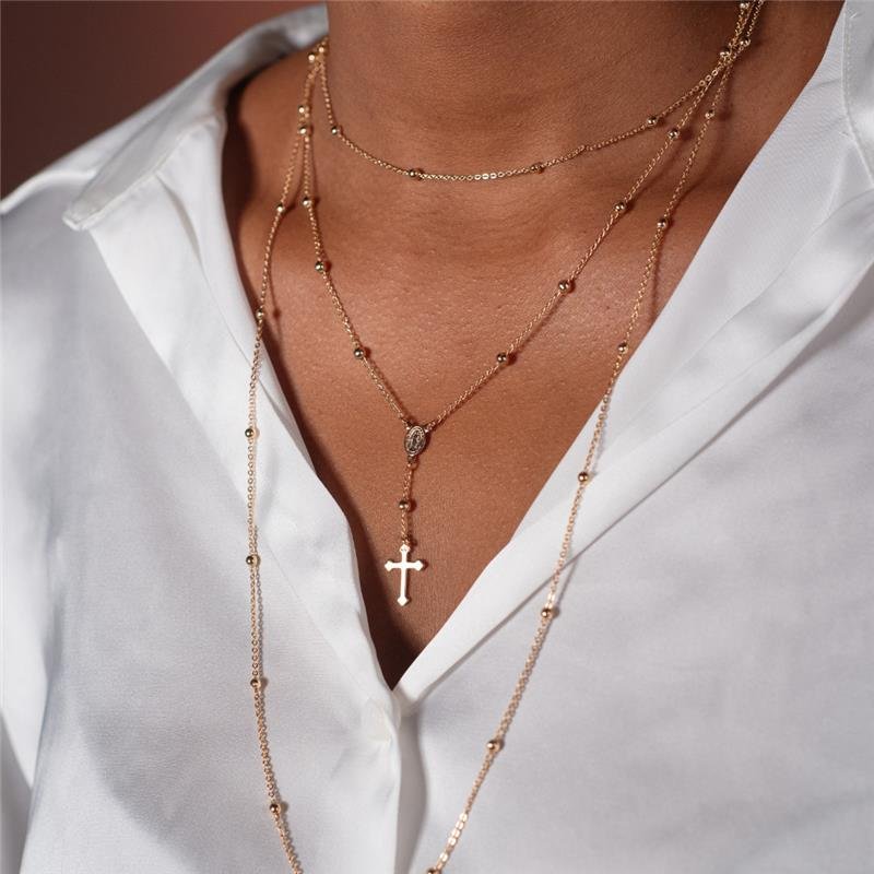 COLAR TERÇO COM CRUZ BANHO OURO 18K