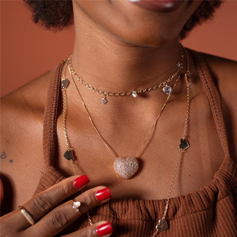 COLAR LONGO CORAÇÕES LISOS 60 CM BANHO OURO 18K