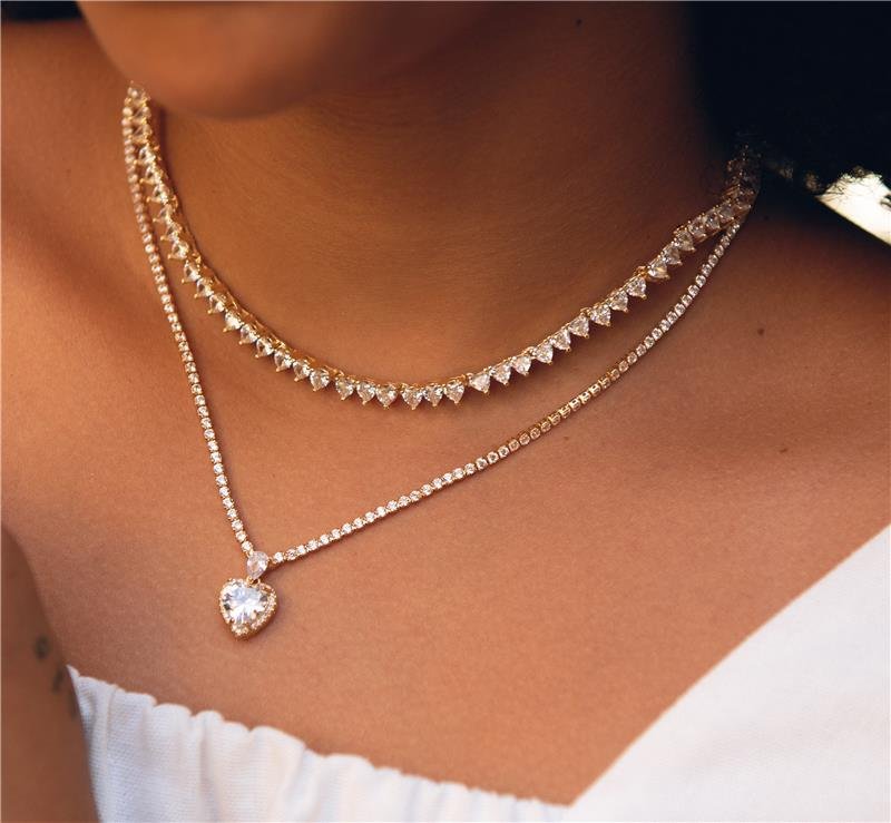 COLAR CHOKER CORAÇÕES ZIRCÔNIA CRISTAL BANHO OURO 18K