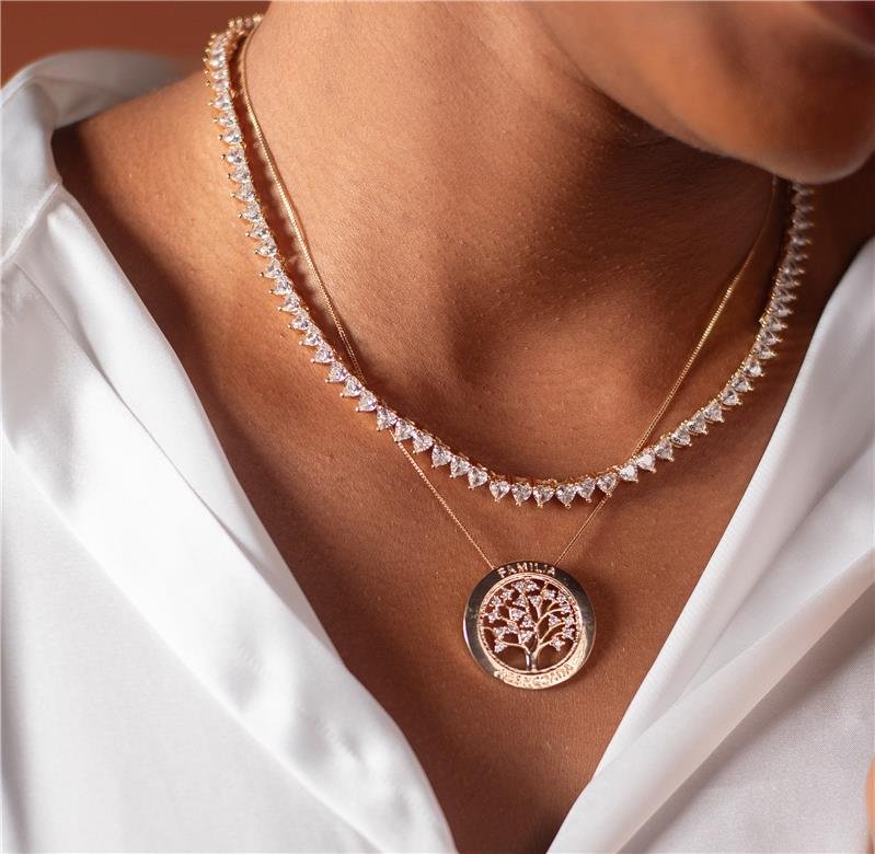 COLAR CHOKER CORAÇÕES ZIRCÔNIA CRISTAL BANHO OURO 18K