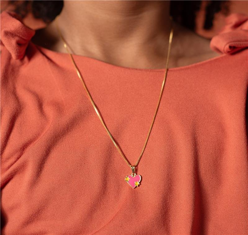 CONJUNTO INFANTIL CORAÇÃO ROSA COM DETALHE EM ESTRELA BANHO OURO 18K