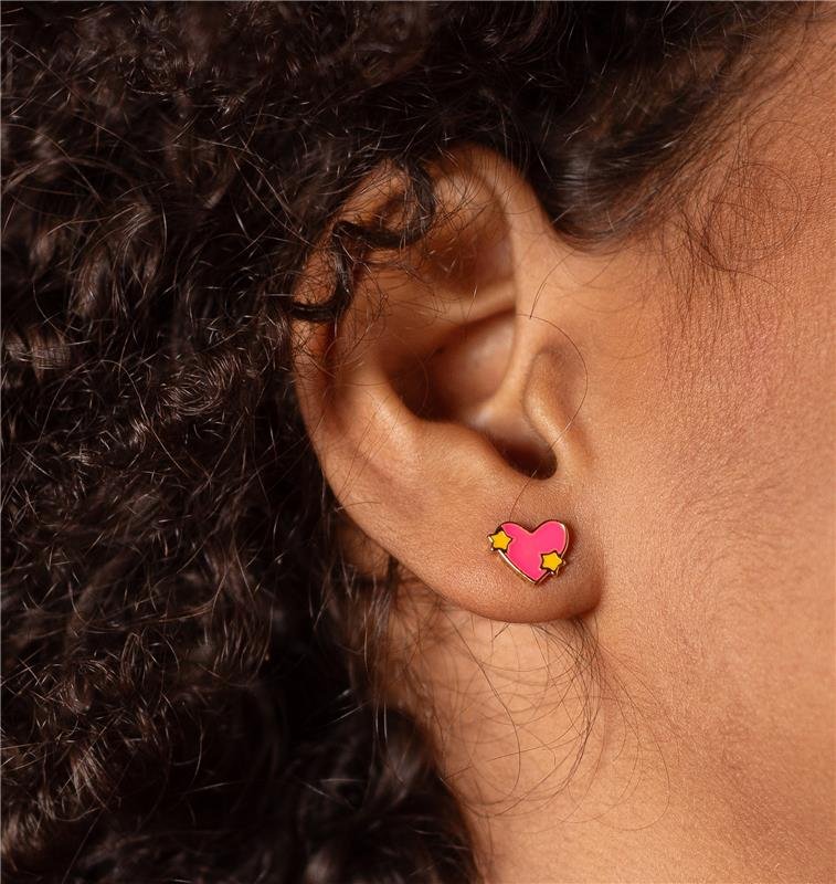 CONJUNTO INFANTIL CORAÇÃO ROSA COM DETALHE EM ESTRELA BANHO OURO 18K