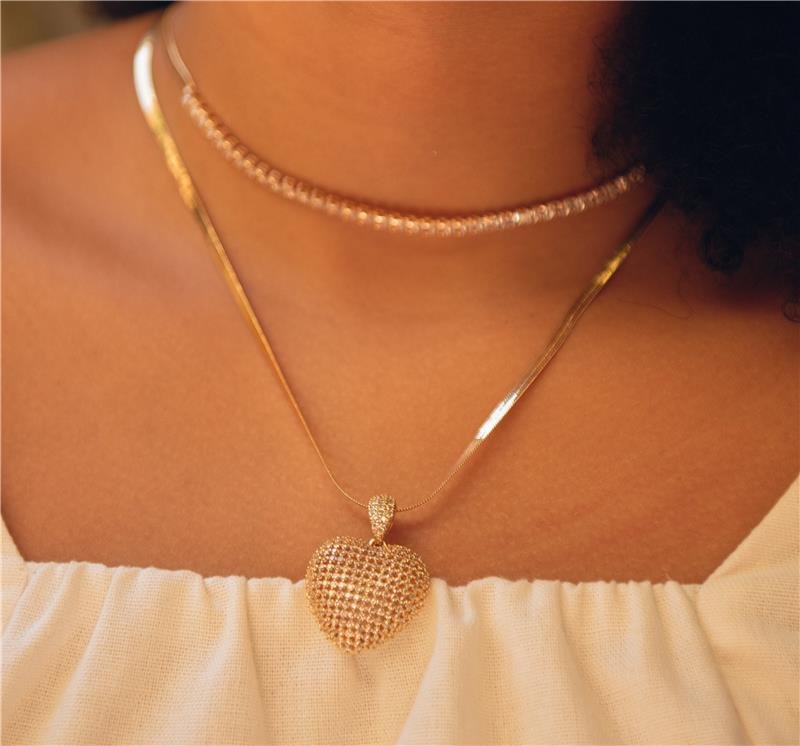  CONJUNTO CORAÇÃO DIAMANTADA BANHO OURO 18K