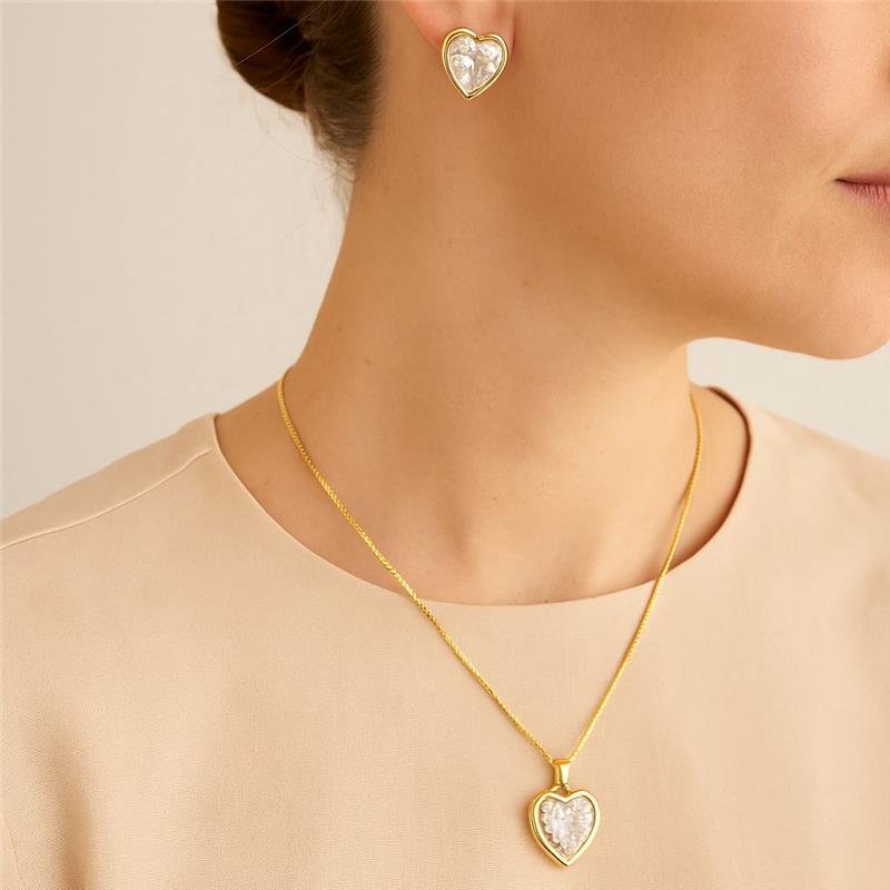 CONJUNTO CORAÇÃO ZIRCÔNIA BANHO OURO 18K