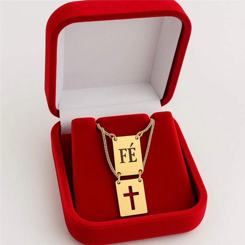 COLAR ESCAPULÁRIO FÉ E CRUCIFIXO BANH0 OURO 18K