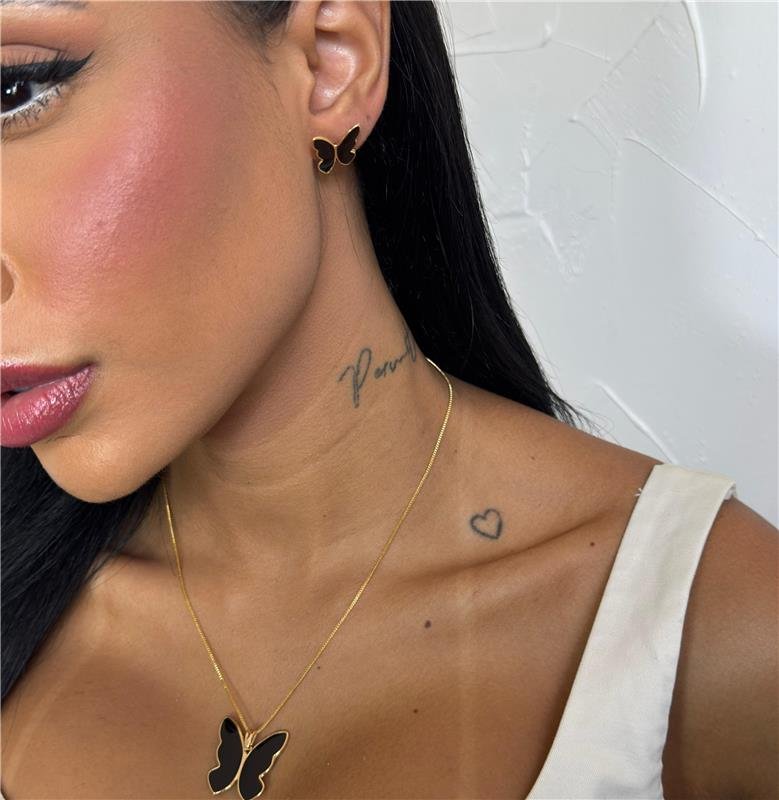  CONJUNTO BORBOLETA MAXI ÔNIX BANHO OURO 18K