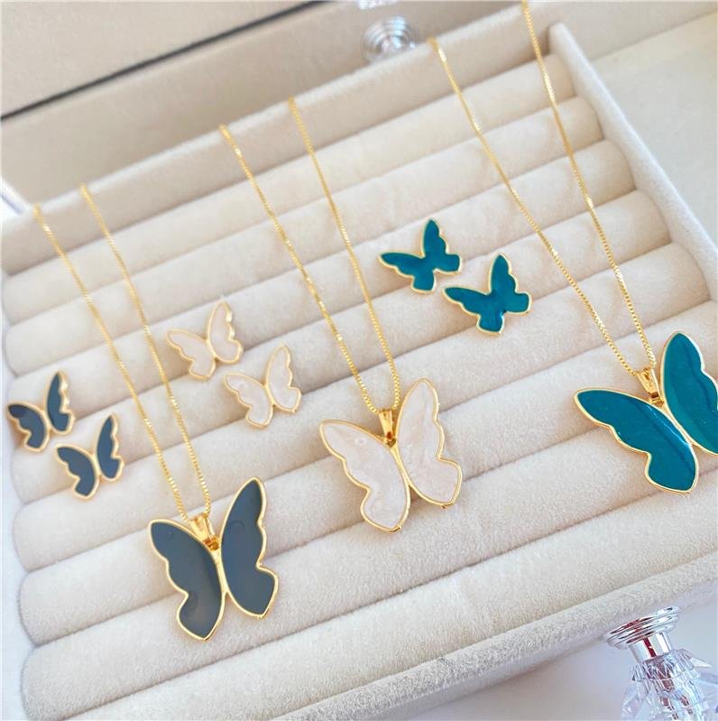  CONJUNTO BORBOLETA MAXI ÔNIX BANHO OURO 18K