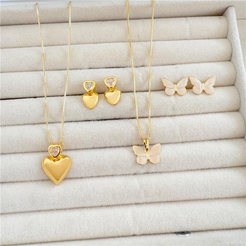  CONJUNTO CORAÇÃO DUPLO COM ZIRCÔNIA BANHO OURO 18K