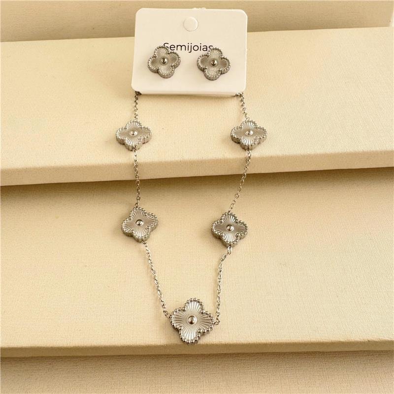 CONJUNTO CHOKER TREVO AÇO INOXIDÁVEL 