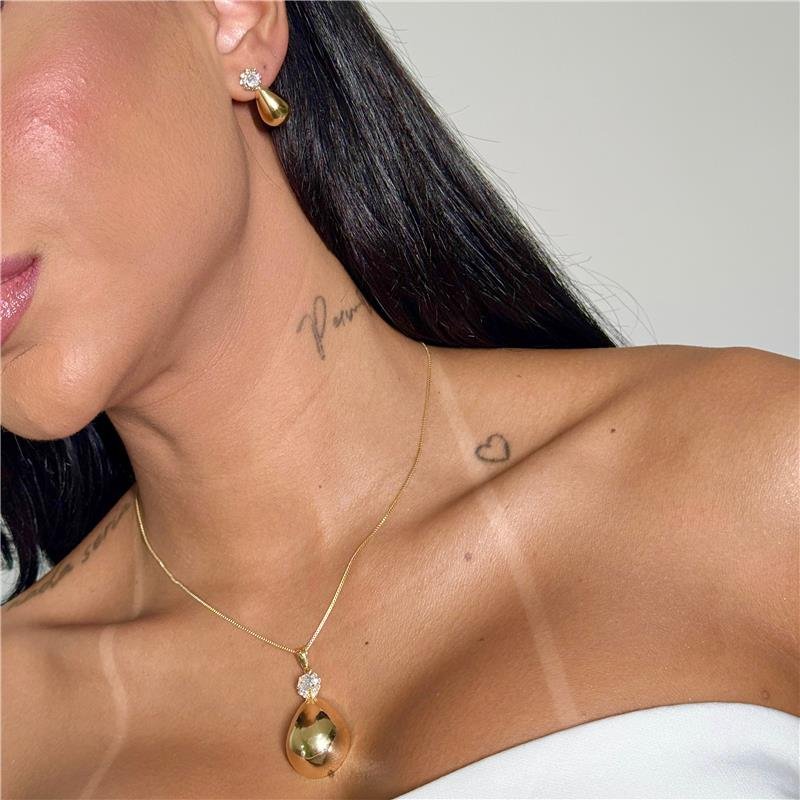 CONJUNTO GOTA COM ZIRCÔNIA CRAVEJADA BANHO OURO 18K 