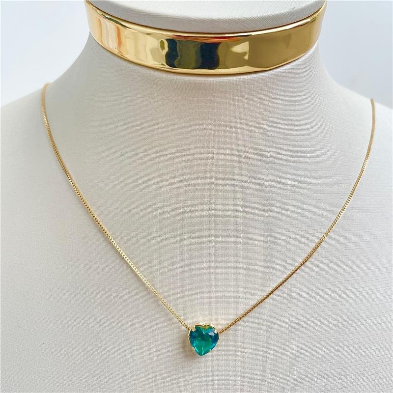 COLAR PINGENTE CORAÇÃO VERDE BANHO OURO 18K