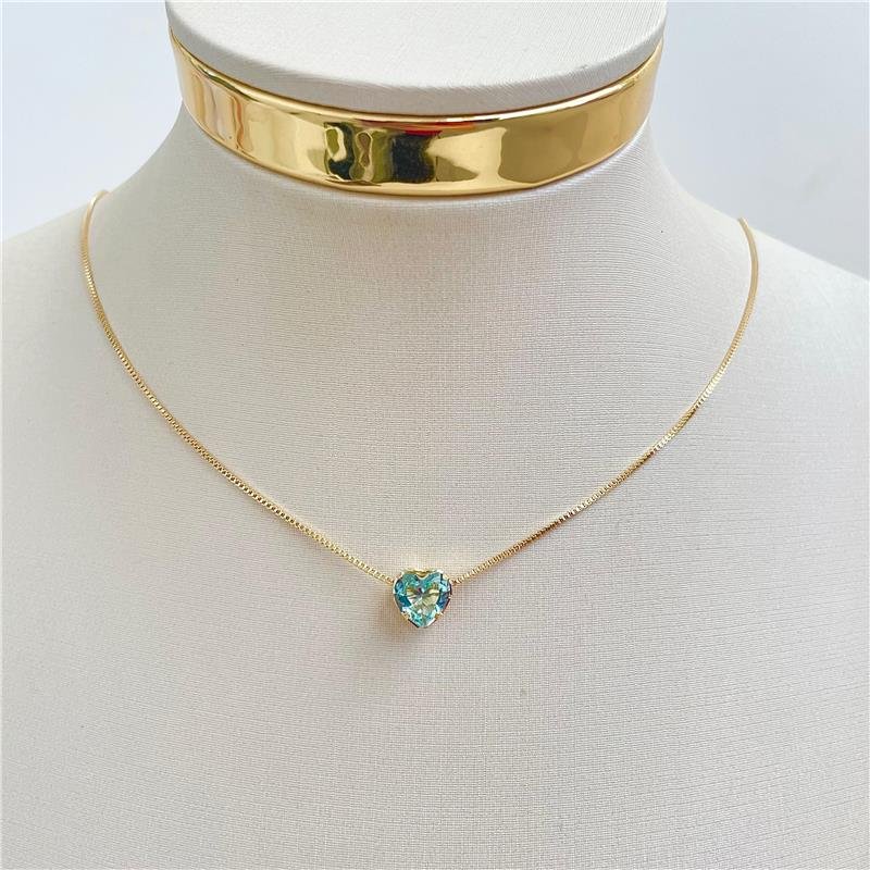 COLAR PINGENTE CORAÇÃO AZUL CRISTAL BANHO OURO 18K