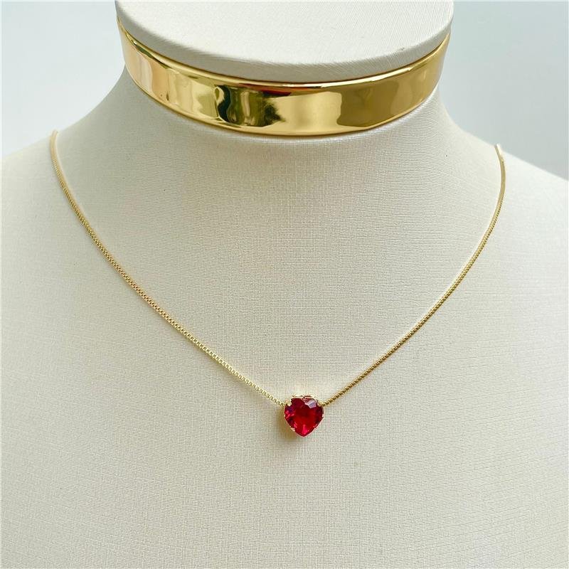 COLAR PINGENTE CORAÇÃO VERMELHO RUBI BANHO OURO 18K