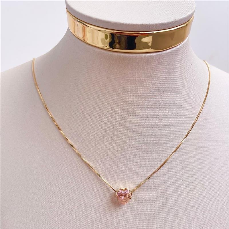 COLAR PINGENTE CORAÇÃO ROSA CRISTAL BANHO OURO 18K