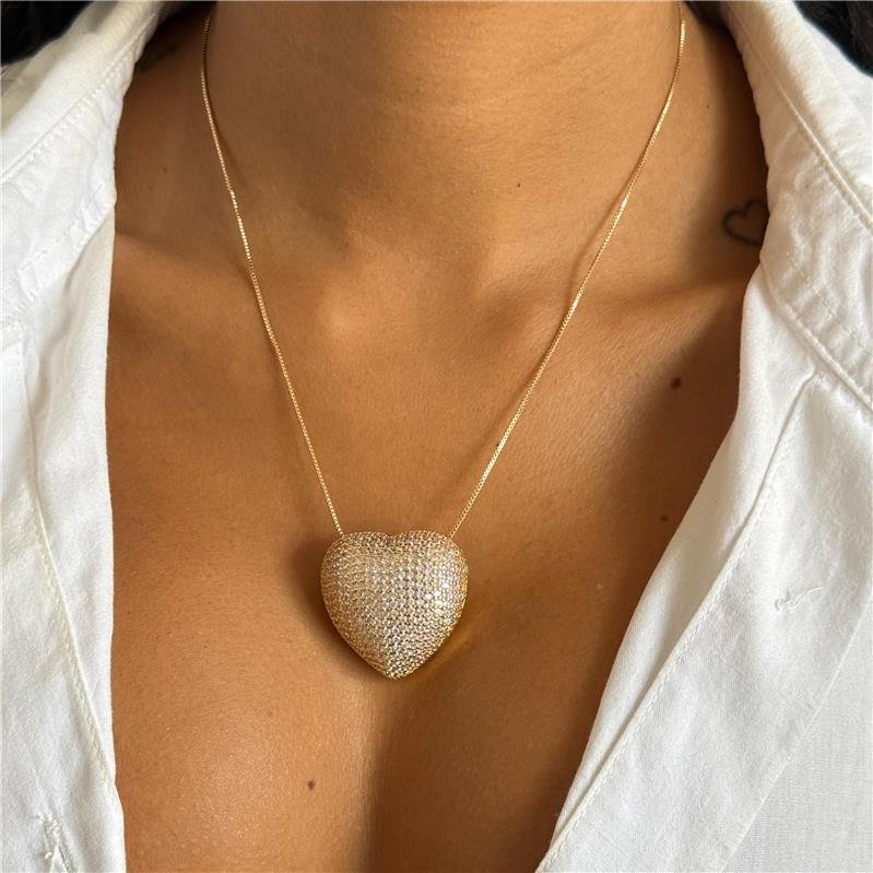 CONJUNTO CORAÇÃO BOLEADO MAXI CRAVEJADO BANHO OURO 18K